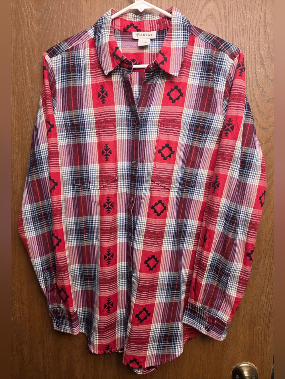 Ariat Red Plaid Button-Down Shirt with Black Accent Motifs